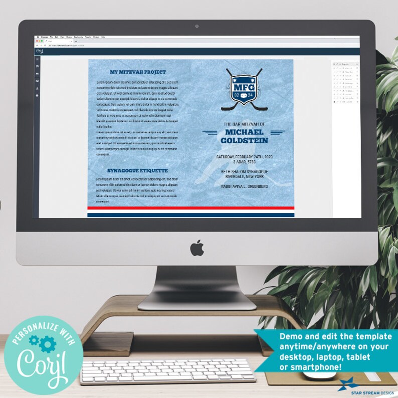May include: A blue and white invitation for a Bar Mitzvah with a hockey theme. The invitation features a hockey stick and puck with the initials "MFG" and the date "0224". The text reads "The Bar Mitzvah of Michael Goldstein, Saturday, February 24th, 2023, 3 ADAR, 5783, B'ih Shalom Synagogue, Riverdale, New York, Rabbi Aviva L. Greenberg".