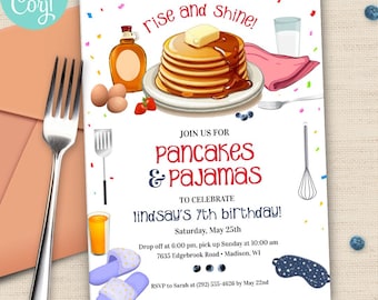 Pancakes and Pajamas Party Invitation, Editable Breakfast Sleepover Theme, Corjl Template, Digital Printable