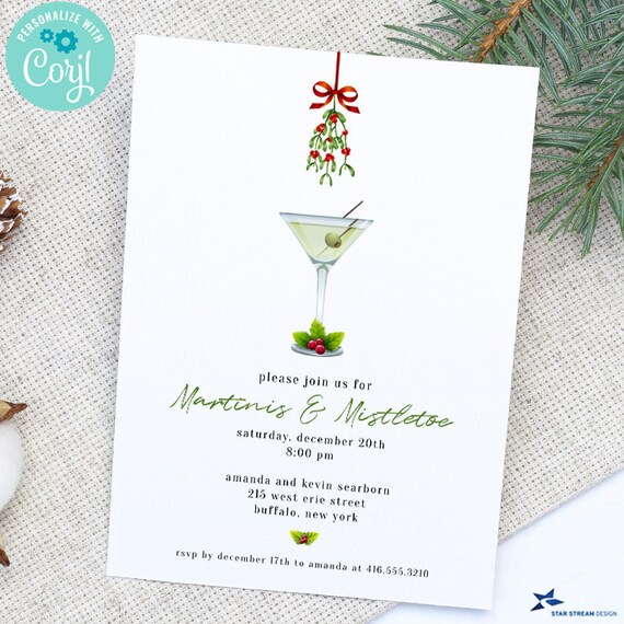 Martinis and Mistletoe Christmas Holiday Party Invitation | 2-sided, 5x7 | Digital Editable Printable Template | Edit Online & Print Il_570xn