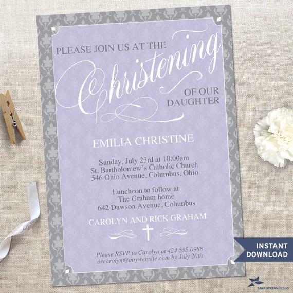 Purple Leaf Damask Script Christening Printable Invitation Template, 5"x7", Editable PDF Instant Download Il_570xn