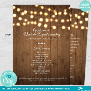 K&ouml;nnte beinhalten: Eine druckbare Vorlage f&uuml;r ein Hochzeitszeremonie-Programm mit rustikalem Holzhintergrund und Lichterketten. Der Text lautet "Willkommen zur Hochzeit von Nicole & Bryant" und enth&auml;lt Datum und Ort. Das Programm listet die Reihenfolge der Ereignisse der Zeremonie auf, einschlie&szlig;lich des Pr&auml;ludiums, des Einzugs, der Lesungen, des Austauschs der Gel&uuml;bde und des Auszugs.