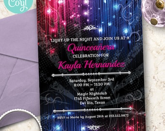 Magical Neon Glow Lights Quinceañera Party Invitation | 5x7, 2-sided | Editable Digital Printable Template | Edit Online & Print