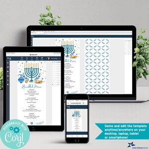 May include: A digital Hanukkah menu template displayed on a tablet, laptop, and smartphone. The menu features a blue menorah design with text that reads "Hanukkah Menu." The image also includes the Corjl logo and a call to action.