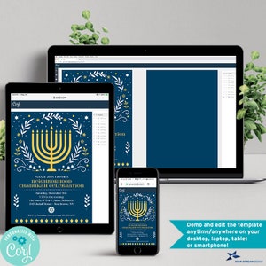 K&ouml;nnte beinhalten: Eine digitale Einladungsvorlage f&uuml;r eine Chanukka-Feier, angezeigt auf einem Laptop, Tablet und Smartphone. Das dunkelblaue Design zeigt eine gelbe Menora, wei&szlig;e Blattakzente und Textdetails zu einer Nachbarschaftsfeier am 11. Dezember.