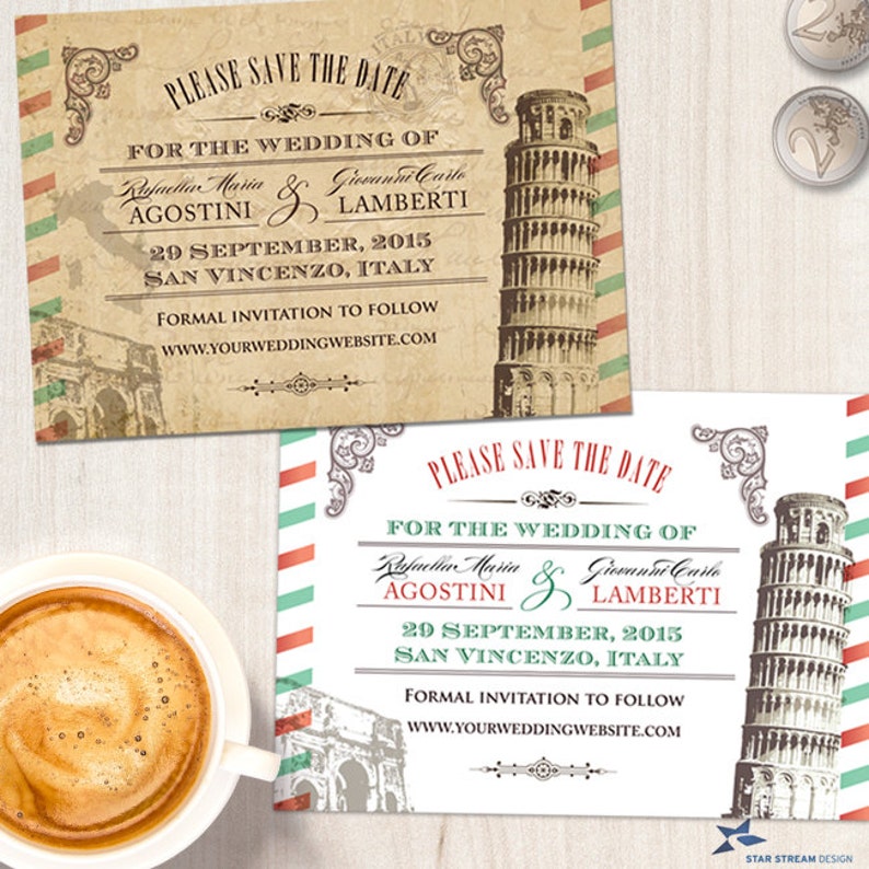 Vintage Italian Wedding Save the Date Card Printable, Evite or Printed US Only Invitations image 1