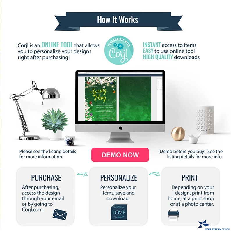 May include: A computer screen displaying a digital design template for a spring fling event. The template features a green background with white flowers and butterflies. The text "Spring Fling" is written in a white font. The image also shows a description of how to use the Corjl online tool to personalize and print the design.