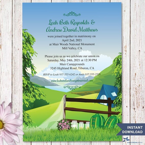 Camping Glamping Wedding Party Reception Special Occasion Invitation Printable Template, Two 5"x7" Invites, Editable PDF instant Download Il_570xn