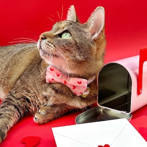 Bow Tie Cat Collar Set - "Sealed With A Kiss" - Valentine's Day Cat Collar w/ Matching Bow / Pink, Love Letter Mail / Cat, Kitten, Small Dog