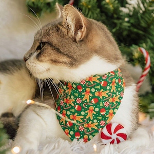 Cat Bandana - "Christmas Treats - Green" - Holiday Gingerbread Bandana for Cat + Small Dog / Candy Cane / Slide-on Bandana / Over-the-Collar