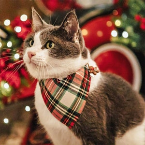 Cat Bandana - "Birchwood" - Christmas / Red & Green Holiday Plaid Bandana for Cat + Small Dog / Gift / Slide-On / Over-the-Collar Bandana