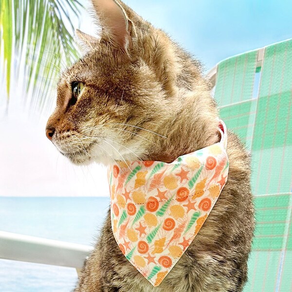 Cat Bandana - "Seashell Beach" - Peach, Aqua & Coral Pink Shell Bandana for Cat + Small Dog / Summer / Slide-on Bandana / Over-the-Collar