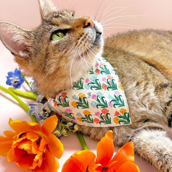 Cat Bandana - "Tulip Fields - Cream" - Rifle Paper Co® Bandana for Cat + Small Dog / Spring Floral / Slide-on Bandana / Over-the-Collar