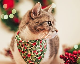 Cat Bandana - "Holiday Holly" - Christmas Red Berries & Green Bandana for Cat + Small Dog / Slide-on / Over-the-Collar Bandana