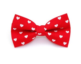 Valentine's Day Cat Bow Tie - "Love Song" - White Hearts on Red Bow Tie for Cat Collar / Cat, Kitten + Small Dog Bow tie