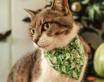 Cat Bandana - "Ghostly Gathering" - Halloween Green Ghost Bandana for Cat + Small Dog / Skulls, Graveyard, Cemetery / Slide-on Bandana