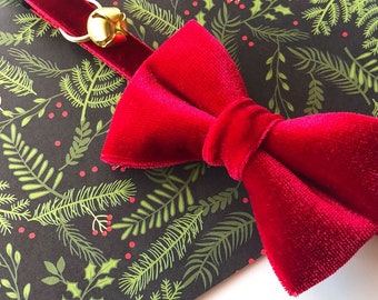 Holiday Bow Tie Cat Collar Set - &quot;Velvet - Garnet Red&quot; - Velvet Christmas Cat Collar + Matching Bow Tie (Removable) / Cat,Kitten,Small Dog
