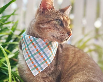 Cat Bandana - "Seashore" - Blue & Mint Plaid Bandana for Cat + Small Dog / Spring, Summer, Ocean, Coastal, Sea, Nautical / Slide-on Bandana