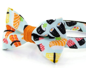 Bow Tie Cat Collar Set - "Sushi Date" - Sushi Cat Collar w/ Bow Tie (Removable) / Breakaway Collar or Non-Breakaway / Cat, Kitten, Small Dog