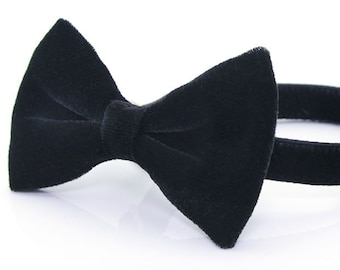 Velvet Bow Tie Cat Collar Set - "Velvet - Onyx" - Black Cat Collar w/ Matching Bow Tie (Removable) / Wedding / Cat, Kitten & Small Dog Sizes