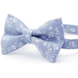 Bow Tie Cat Collar Set - &quot;Fairfield&quot; - Light Blue Chambray Floral Cat Collar w/ Matching Bow Tie (Removable) / Wedding / Cat & Small Dog