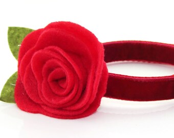 Holiday Cat Collar + Flower Set - "Velvet - Garnet Red" - Cat Collar w/Scarlet Felt Detachable Flower / Christmas / Breakaway, Non-Breakaway