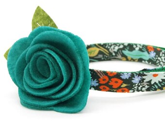 Cat Collar + Flower Set - "Meadow" - Rifle Paper Co® Green Floral Cat Collar w/ Teal Felt Flower / Fall / Cat, Kitten, Small Dog Sizes