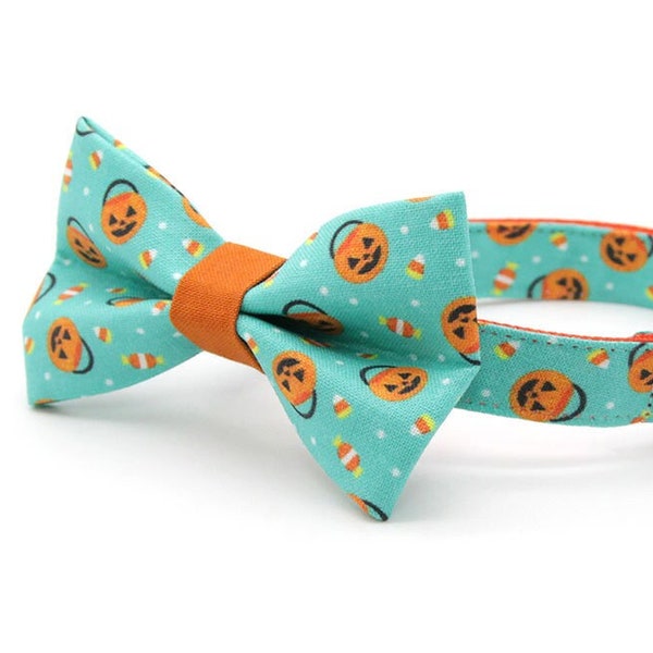 Bow Tie Cat Collar Set - "Party Pumpkins" - Trick-or-Treat Pails Halloween Cat Collar w/ Matching Bow / Jackolantern / Cat + Kitten Sizes