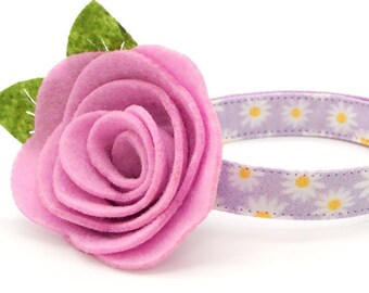 Cat Collar + Flower Set - "Daisies - Purple" - Floral Daisy Cat Collar + Lavender Felt Flower / Spring, Easter, Wedding / Cat + Small Dog