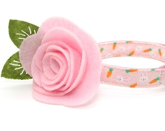 Cat Collar + Flower Set - "Bunnies & Carrots Pink" - Light Pink Bunny Cat Collar w/ Baby Pink Felt Flower / Easter / Cat, Kitten, Small Dog