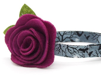 Halloween Cat Collar + Flower Set - "Witching Hour" - Midnight Gray Bat Cat Collar w/ Plum Felt Flower / Goth / Cat, Kitten, Small Dog