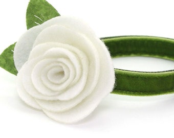 Cat Collar + Flower Set - "Velvet - Leaf Green" - Olive Green Velvet Collar w/ Ivory Felt Flower / Wedding / Cat, Kitten, Small Dog Sizes