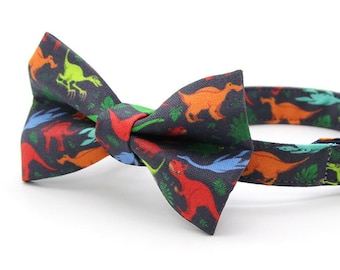 Bow Tie Cat Collar Set - "Dinosaurus Rex" - Colorful Dinosaur Cat Collar w/ Matching Bowtie / Animal, Boy Cat / Cat, Kitten + Small Dog Size