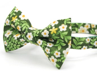 Bow Tie Cat Collar Set - "Hazel" - Green Floral Cat Collar w/ Matching Bowtie / Spring, Summer, Garden / Cat, Kitten, Small Dog Size
