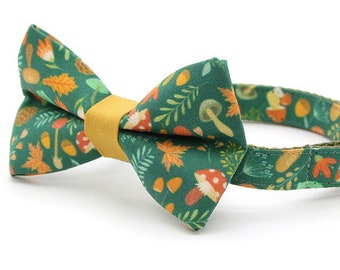 Bow Tie Cat Collar Set - "Forest Fantasy" - Green Cat Collar w/ Matching Bowtie / Gift for Cat Mom / Nature,Mushrooms / Cat,Kitten,Small Dog