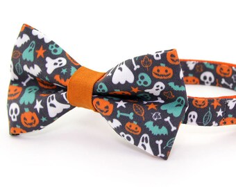 Bow Tie Cat Collar Set - "Here for the Boos" - Halloween Cat Collar w/ Matching Bowtie / Ghosts, Skulls + Pumpkins / Cat, Kitten,Small Dog