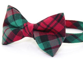 Bow Tie Cat Collar Set - &quot;Fireside&quot; - Red & Green Holiday Plaid Cat Collar w/Matching Bowtie / Christmas / Cat, Kitten + Small Dog Sizes