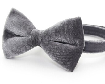 Bow Tie Cat Collar Set - "Velvet - Storm Gray" - Dark Grey Velvet Cat Collar w/ Matching Bowtie / Wedding / Cat, Kitten, Small Dog Sizes