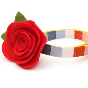 Cat Collar + Flower Set - &quot;Carousel&quot; - Rainbow Striped Cat Collar w/ Scarlet Red Felt Flower / Summer, Preppy, Girl / Cat, Kitten, Small Dog