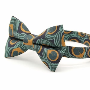 Bow Tie Cat Collar Set - "Peacock" - Art Nouveau Teal & Gold Cat Collar w/ Matching Bowtie / Art Deco, Fall, Feathers / Cat + Small Dog