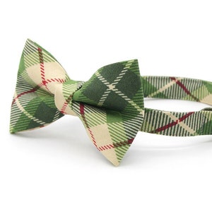 Bow Tie Cat Collar Set - "Linden" - Buttercream + Leaf Green Plaid Cat Collar w/ Matching Bowtie / Fall + Holiday / Cat, Kitten, Small Dog