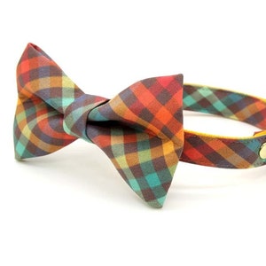 Bow Tie Cat Collar Set - "Campfire" - Smoky Fall Plaid Cat Collar w/ Matching Bowtie / Fall, Autumn, Thanksgiving / Cat + Small Dog Sizes