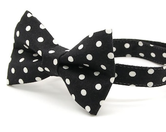 Bow Tie Cat Collar Set - "Polka Dot - Black" - Glow In The Dark Black Cat Collar w/ Matching Bowtie / Wedding / Cat + Small Dog Sizes