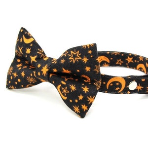 Bow Tie Cat Collar Set - "Moonlight - Black" - Halloween Moon Cat Collar w/ Matching Bow / Night Magic Stars Zodiac / Cat, Kitten, Small Dog