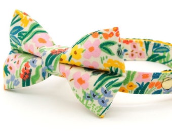Bow Tie Cat Collar Set - "Fantasia - Day" - Rifle Paper Co® Yellow Floral Cat Collar w/ Matching Bow / Spring, Wildflowers / Cat + Small Dog