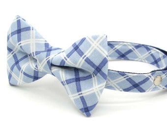 Bow Tie Cat Collar Set - "Skye" - Light Blue Plaid Cat Collar w/ Matching Bowtie / Preppy, Wedding, Baby Blue / Cat + Small Dog Sizes