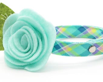 Cat Collar + Flower Set - "Breeze" - Aqua Plaid Cat Collar w/ Mint Felt Flower / Spring, Summer, Turquoise / Cat + Small Dog Sizes