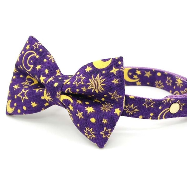 Bow Tie Cat Collar Set - "Moonlight - Purple" - Stars & Moon Cat Collar w/ Matching Bow / Night Lunar Magic Zodiac / Cat, Kitten, Small Dog