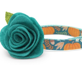 Cat Collar + Flower Set - "Pumpkin Patch - Teal" - Fall Harvest Cat Collar w/ "Teal" Felt Flower / Autumn, Thanksgiving / Cat + Small Dog