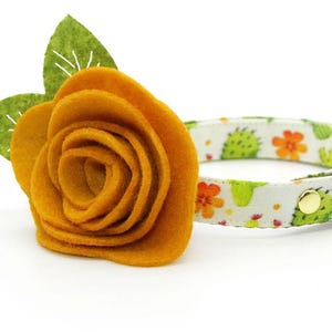 Cat Collar + Flower Set - &quot;Desert Dreams&quot; - Green Cactus Cat Collar w/ Mustard Felt Flower / Southwestern, Saguaro / Cat + Small Dog Sizes