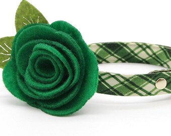 Cat Collar + Flower Set - "Pinecrest" - Green Plaid Cat Collar w/ Clover Green Felt Flower / Fall, Winter, Holiday / Cat + Small Dog Sizes